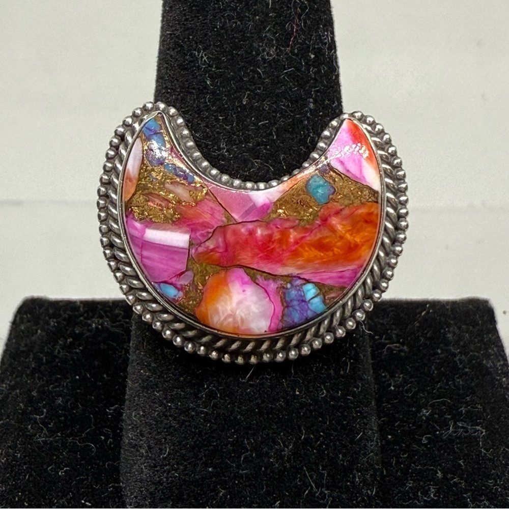 Pink Dahlia turquoise 925 Sterling Silver ring size 9.5